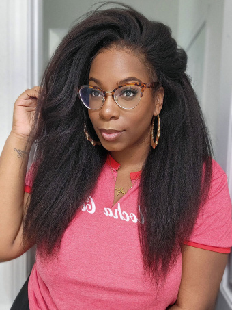Invisible Drawstring Fitted Glueless 360 HD Lace Wig Kinky Straight With Kinky Edges [HLW04]