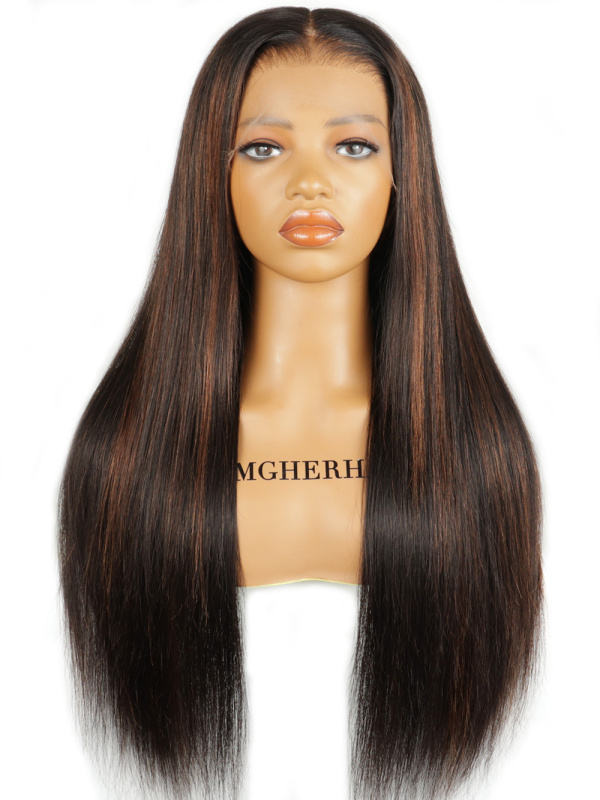Brown Highlight Silky Straight Fitted Glueless 360 HD Lace Wigs With  Invisible Band